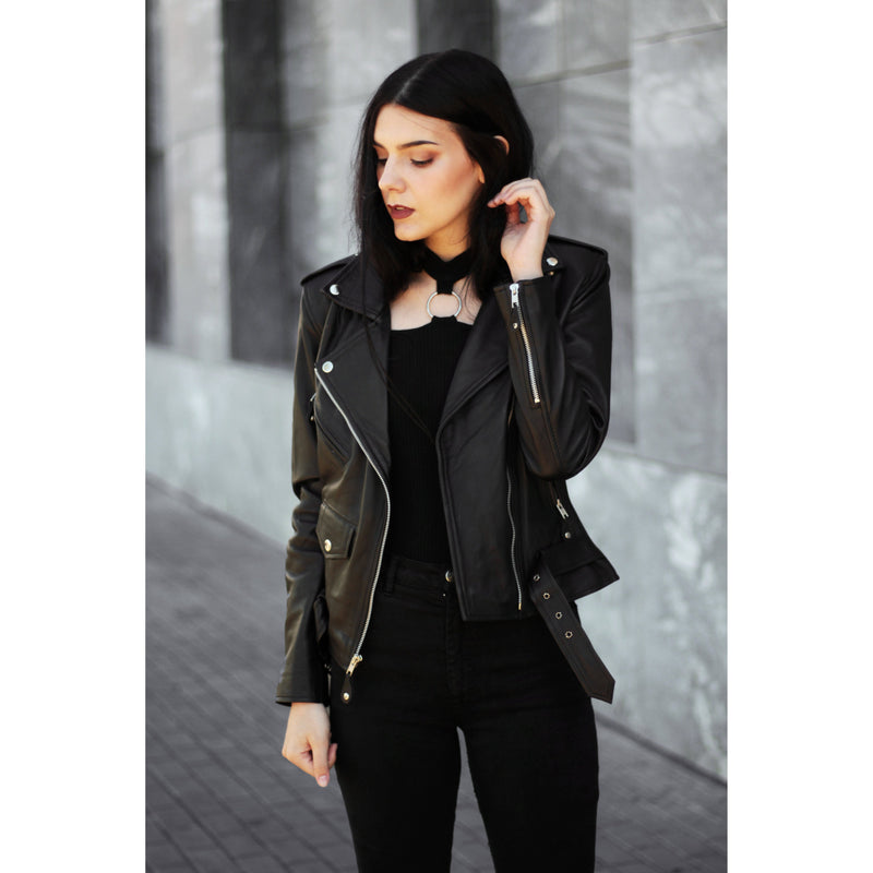 Penelope Black Leather Biker Jacket For Women