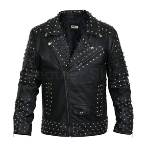 Blake Men's Black Leather Jacket with Cone Spikes and Round Studs