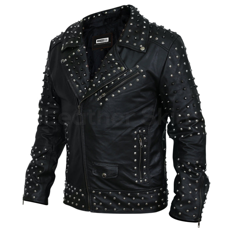 Blake Men's Black Leather Jacket with Cone Spikes and Round Studs