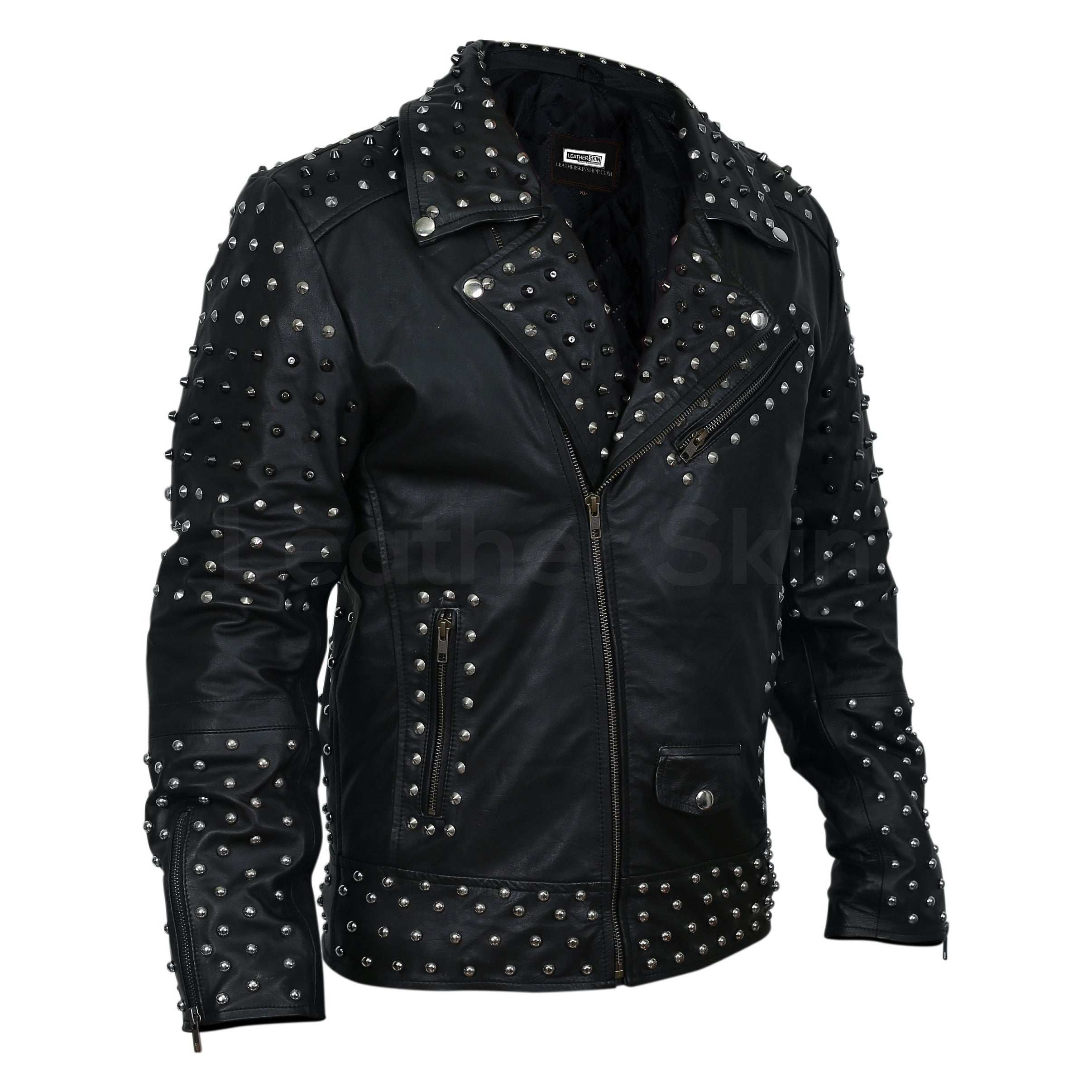 Blake Men's Black Leather Jacket with Cone Spikes and Round Studs