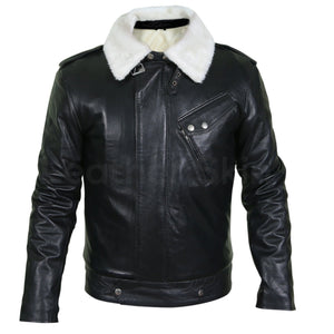 Maddox Men's Black Leather Jacket with White Fur Collar