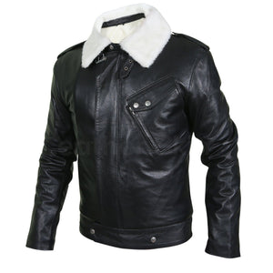 Maddox Men's Black Leather Jacket with White Fur Collar