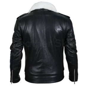 Maddox Men's Black Leather Jacket with White Fur Collar