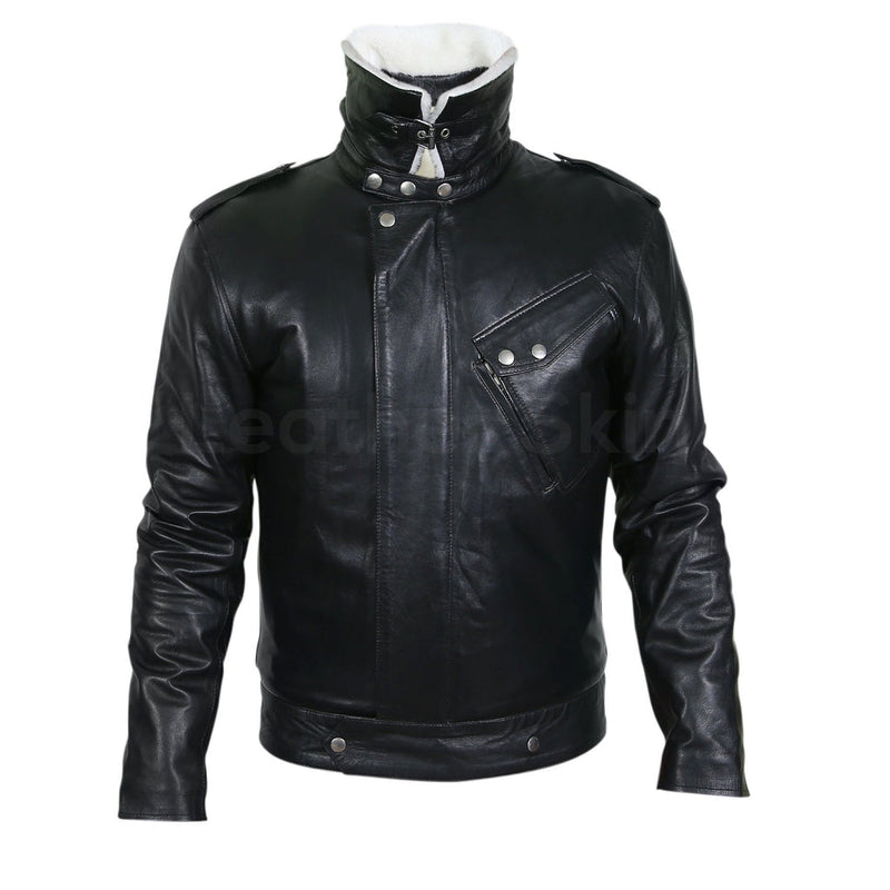 Maddox Men's Black Leather Jacket with White Fur Collar