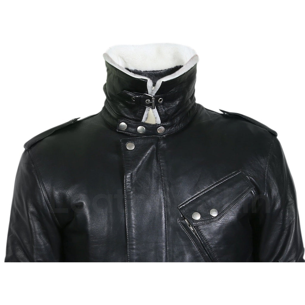 Maddox Men's Black Leather Jacket with White Fur Collar