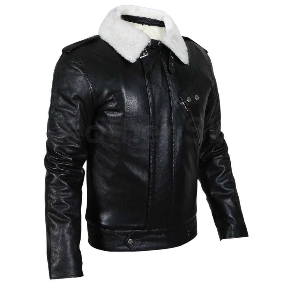 Maddox Men's Black Leather Jacket with White Fur Collar