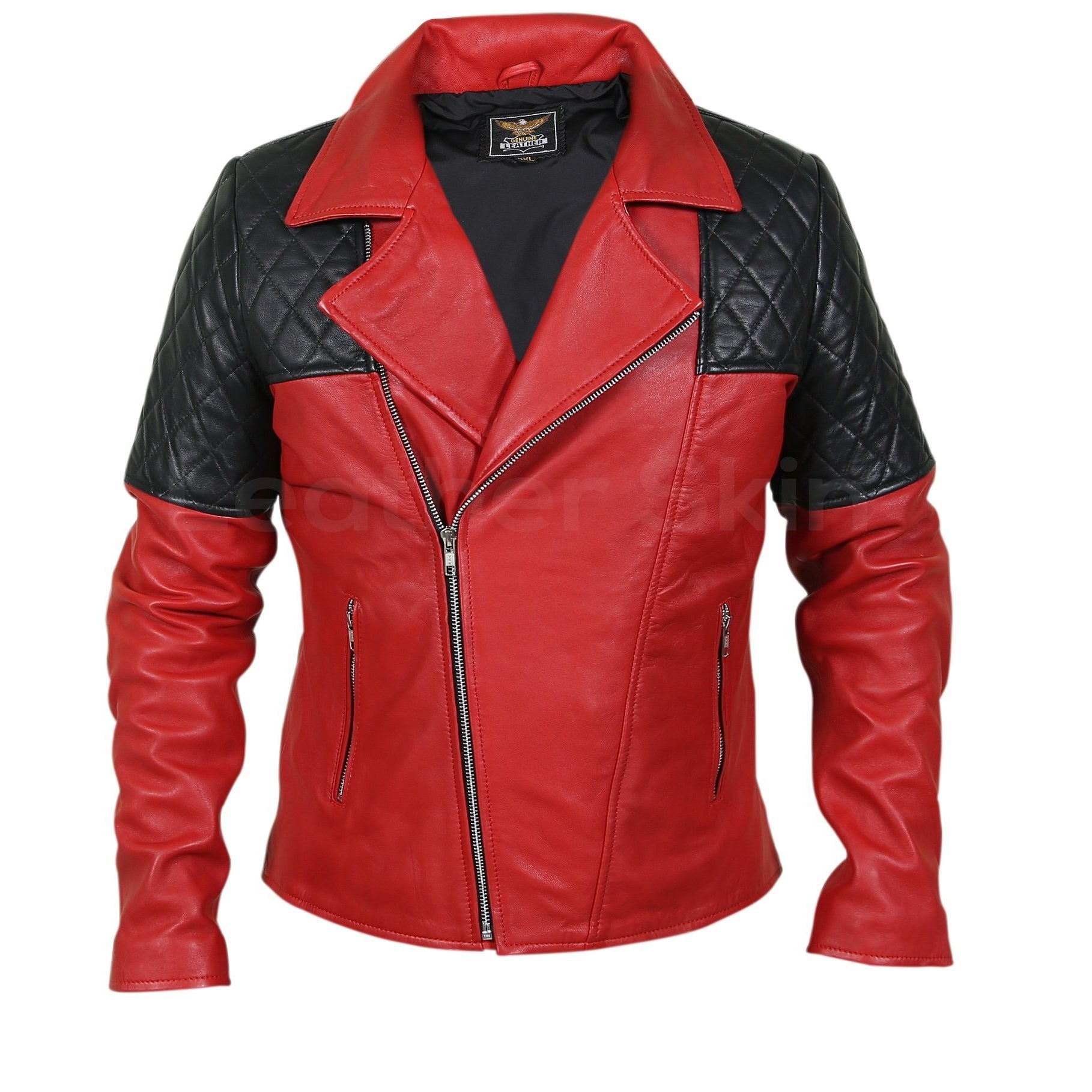 Dalton Men's Red Leather Jacket with Quilted Black Shoulders