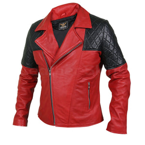 Dalton Men's Red Leather Jacket with Quilted Black Shoulders