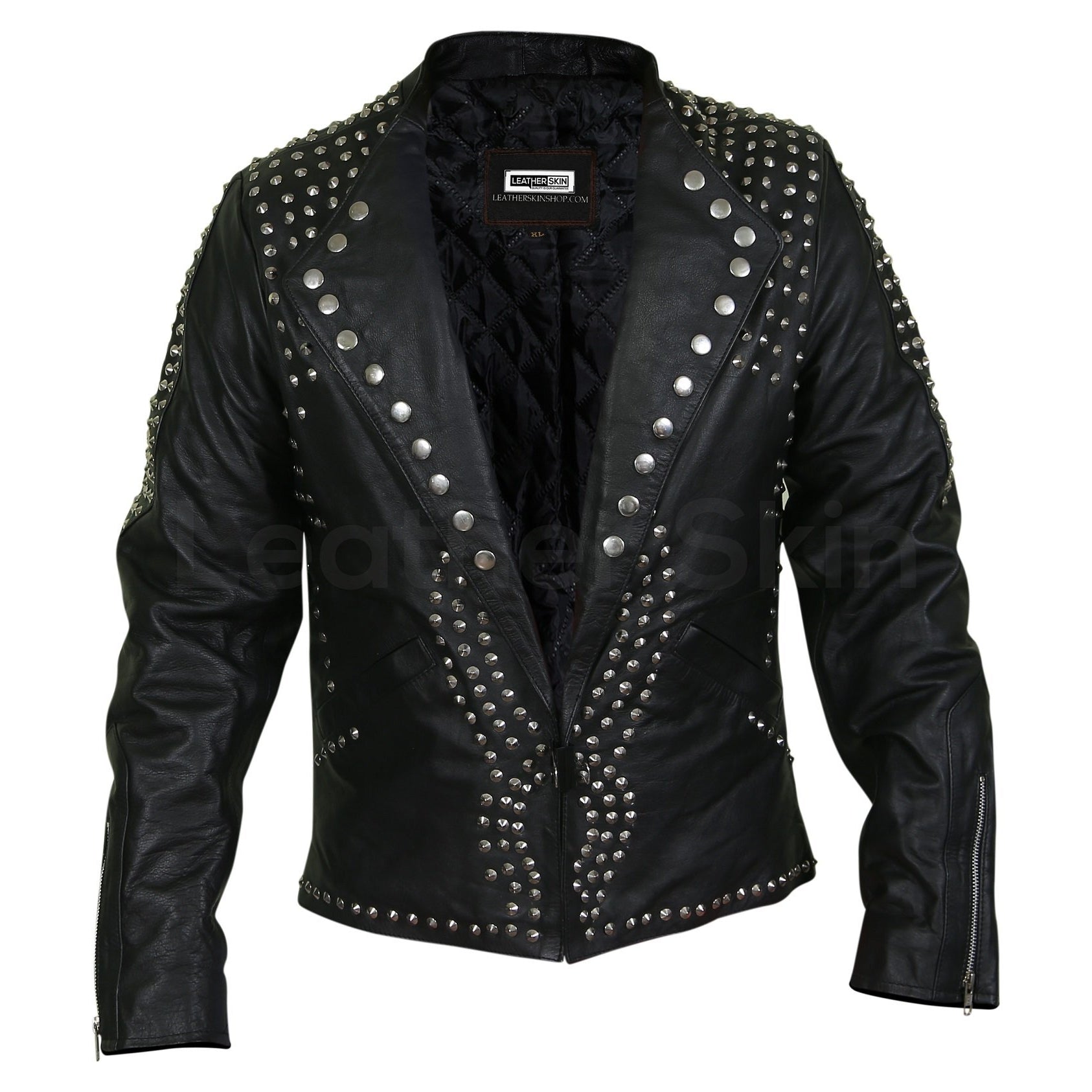 Broderick Men's Black Leather Jacket with Silver Cone Spikes