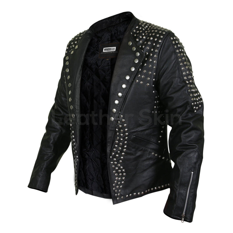 Broderick Men's Black Leather Jacket with Silver Cone Spikes