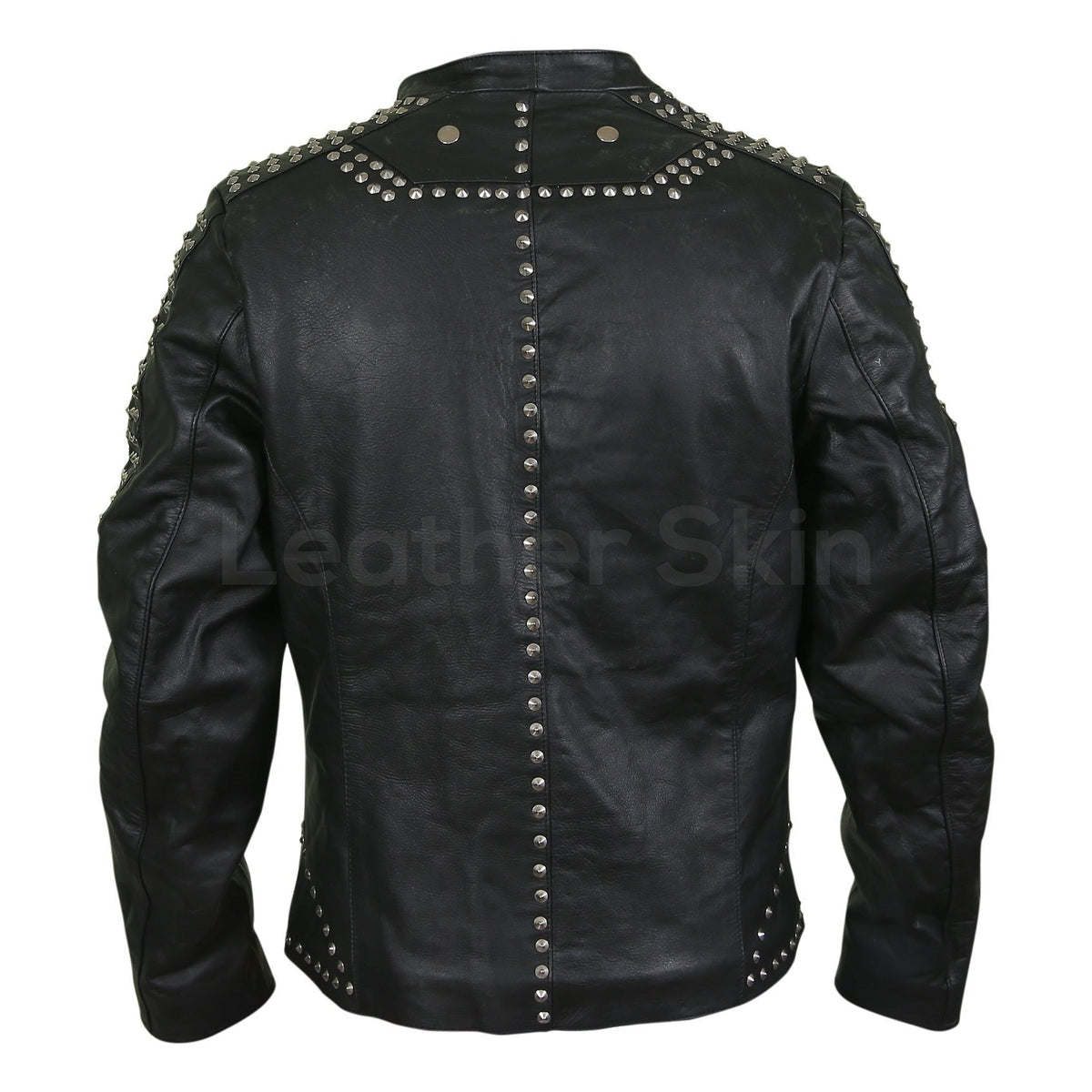 Broderick Men's Black Leather Jacket with Silver Cone Spikes