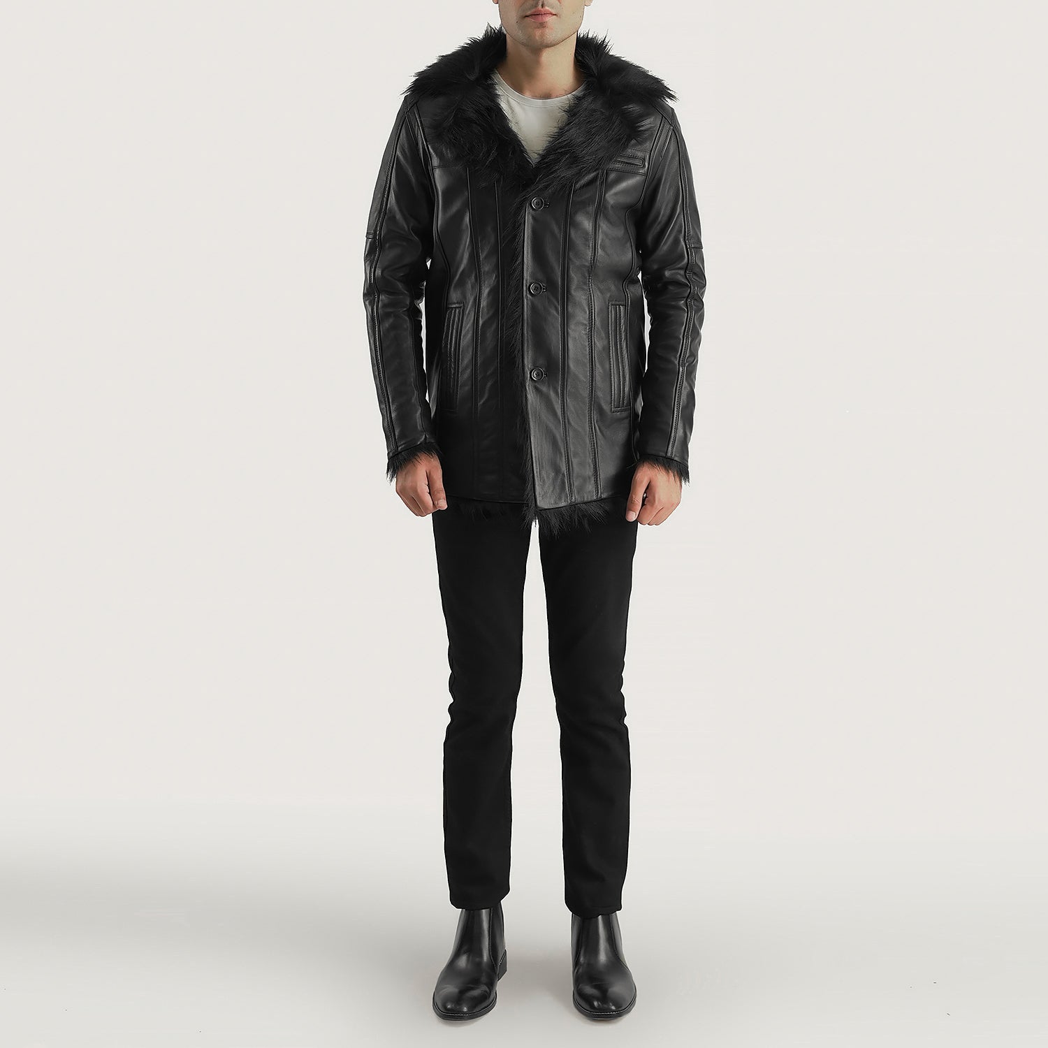 Lysander Men's Aged Black Leather Fur-Accented Jacket