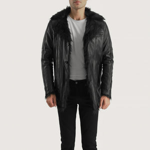 Lysander Men's Aged Black Leather Fur-Accented Jacket