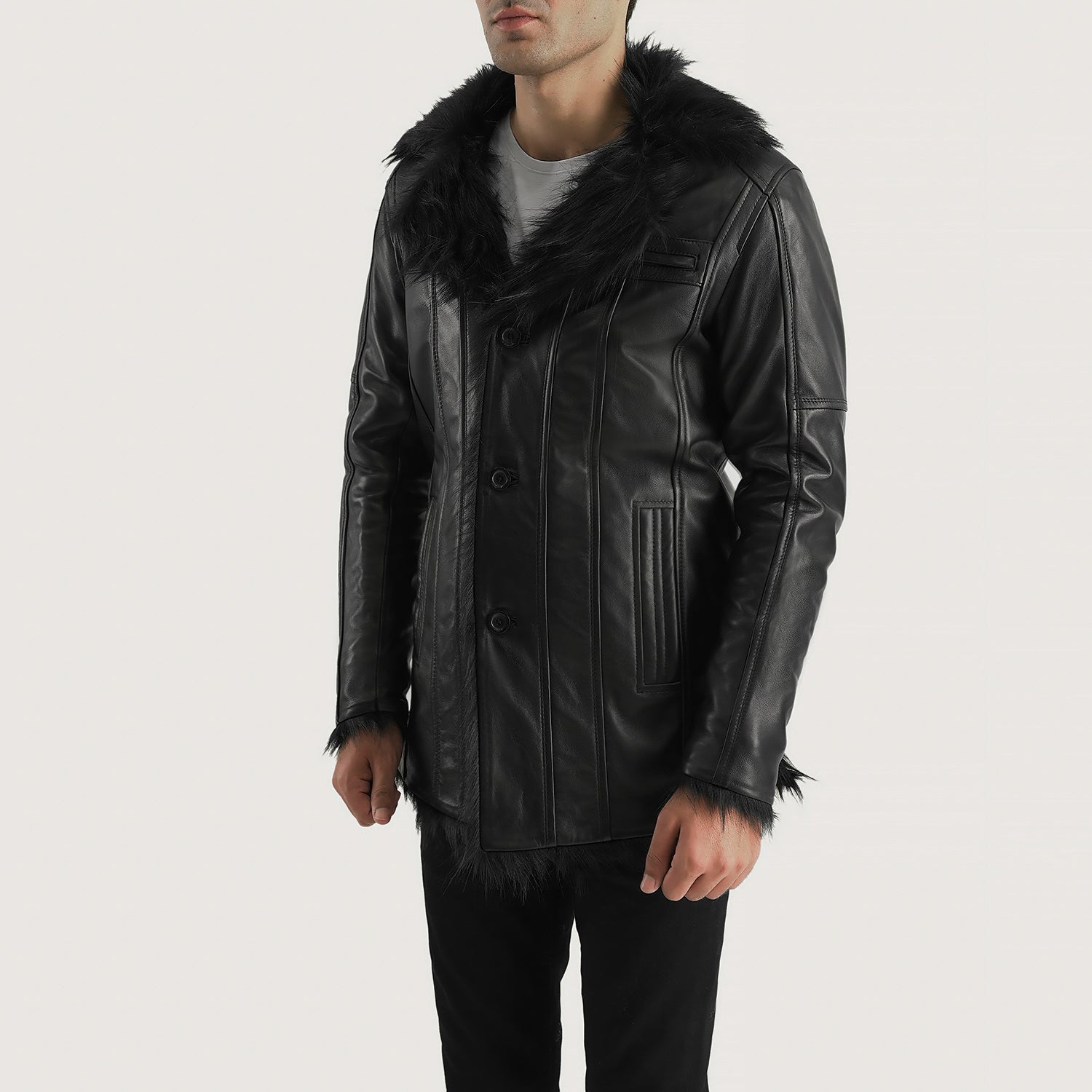 Lysander Men's Aged Black Leather Fur-Accented Jacket