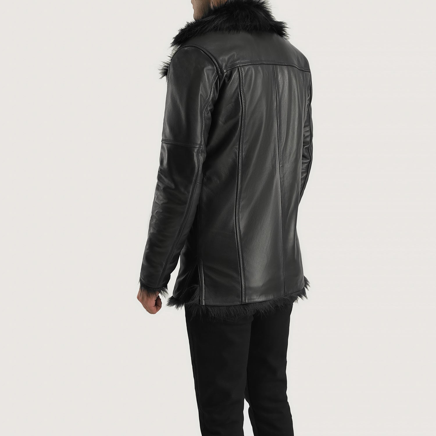 Lysander Men's Aged Black Leather Fur-Accented Jacket