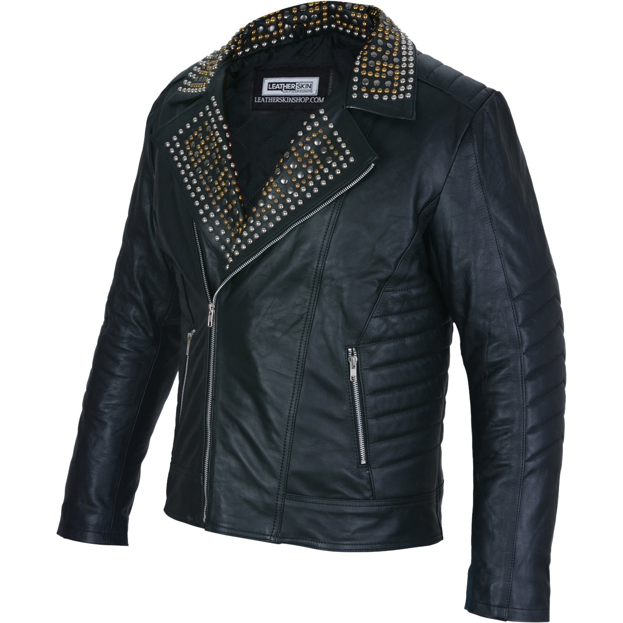 Fletcher Men's Black Leather Jacket with Asymmetrical Design and Spiked Studs