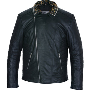 Fletcher Men's Black Leather Jacket with Asymmetrical Design and Spiked Studs