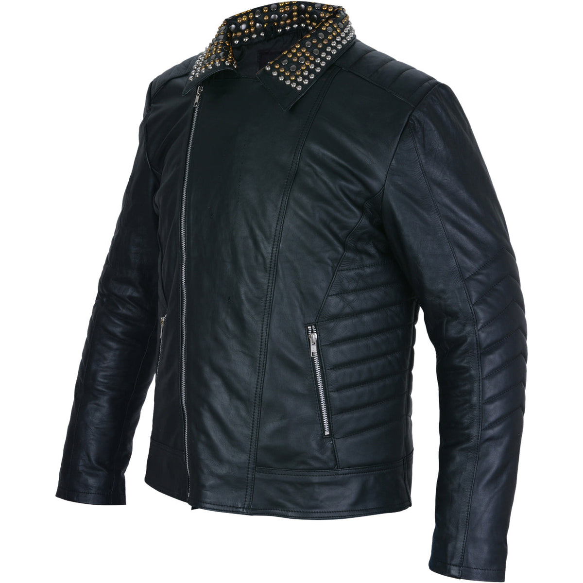 Fletcher Men's Black Leather Jacket with Asymmetrical Design and Spiked Studs