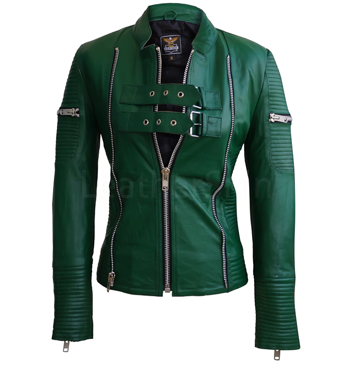 Olive Green Motorcycle Leather Jacket Womens