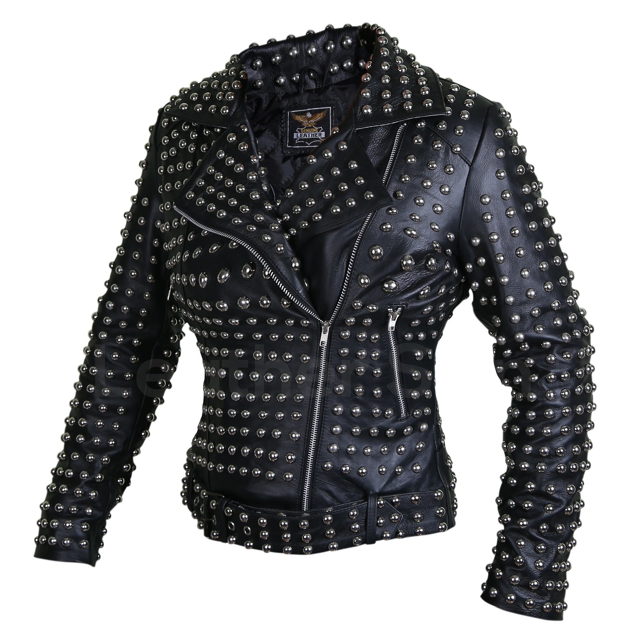 Magnolia Women's Black Leather Jacket with Studded Belt Detail