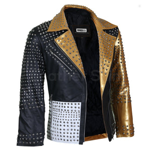 Esme Women's Black and Gold Leather Jacket with Cone Spikes