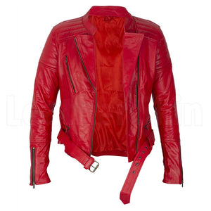 Amelia Vintage Red Belted Leather Biker Jacket