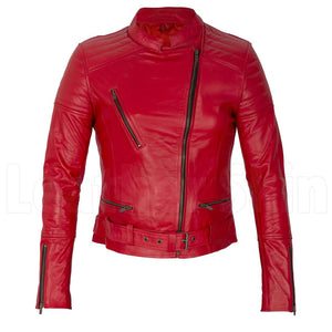 Amelia Vintage Red Belted Leather Biker Jacket