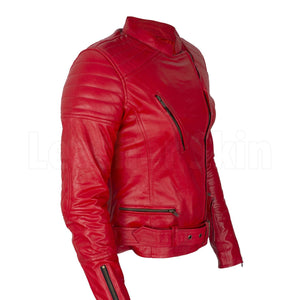 Amelia Vintage Red Belted Leather Biker Jacket