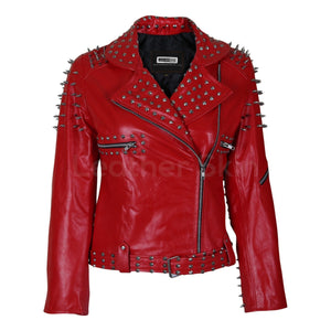 Seraphine Women's Red Leather Jacket with Cone and Tree Spiked Studs