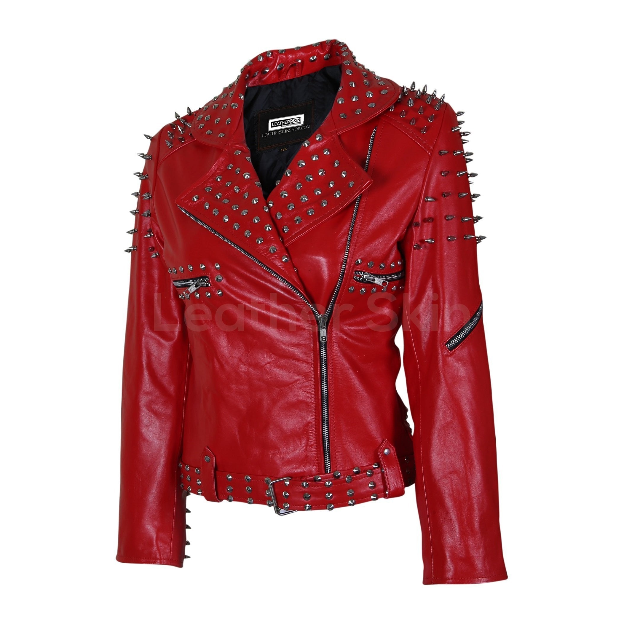 Seraphine Women's Red Leather Jacket with Cone and Tree Spiked Studs