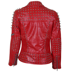 Seraphine Women's Red Leather Jacket with Cone and Tree Spiked Studs