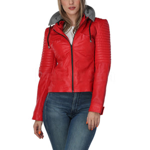 Poppy Women's Red Leather Jacket with Gray Hood