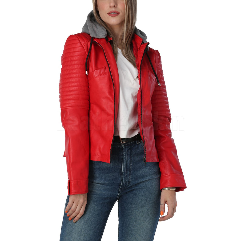 Poppy Women's Red Leather Jacket with Gray Hood