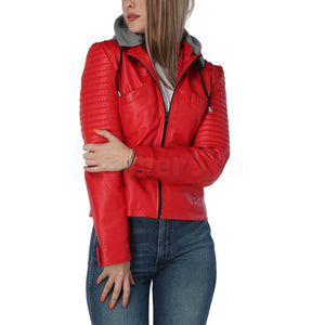 Poppy Women's Red Leather Jacket with Gray Hood