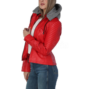 Poppy Women's Red Leather Jacket with Gray Hood