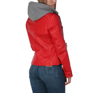 Poppy Women's Red Leather Jacket with Gray Hood