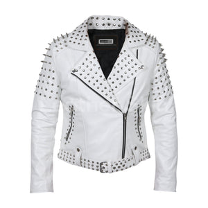 Delilah Women's White Leather Jacket Featuring Cone and Tree Spiked Studs