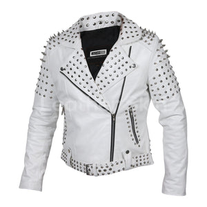 Delilah Women's White Leather Jacket Featuring Cone and Tree Spiked Studs