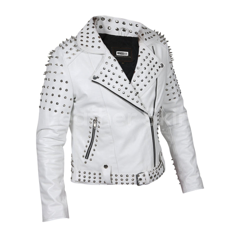 Delilah Women's White Leather Jacket Featuring Cone and Tree Spiked Studs