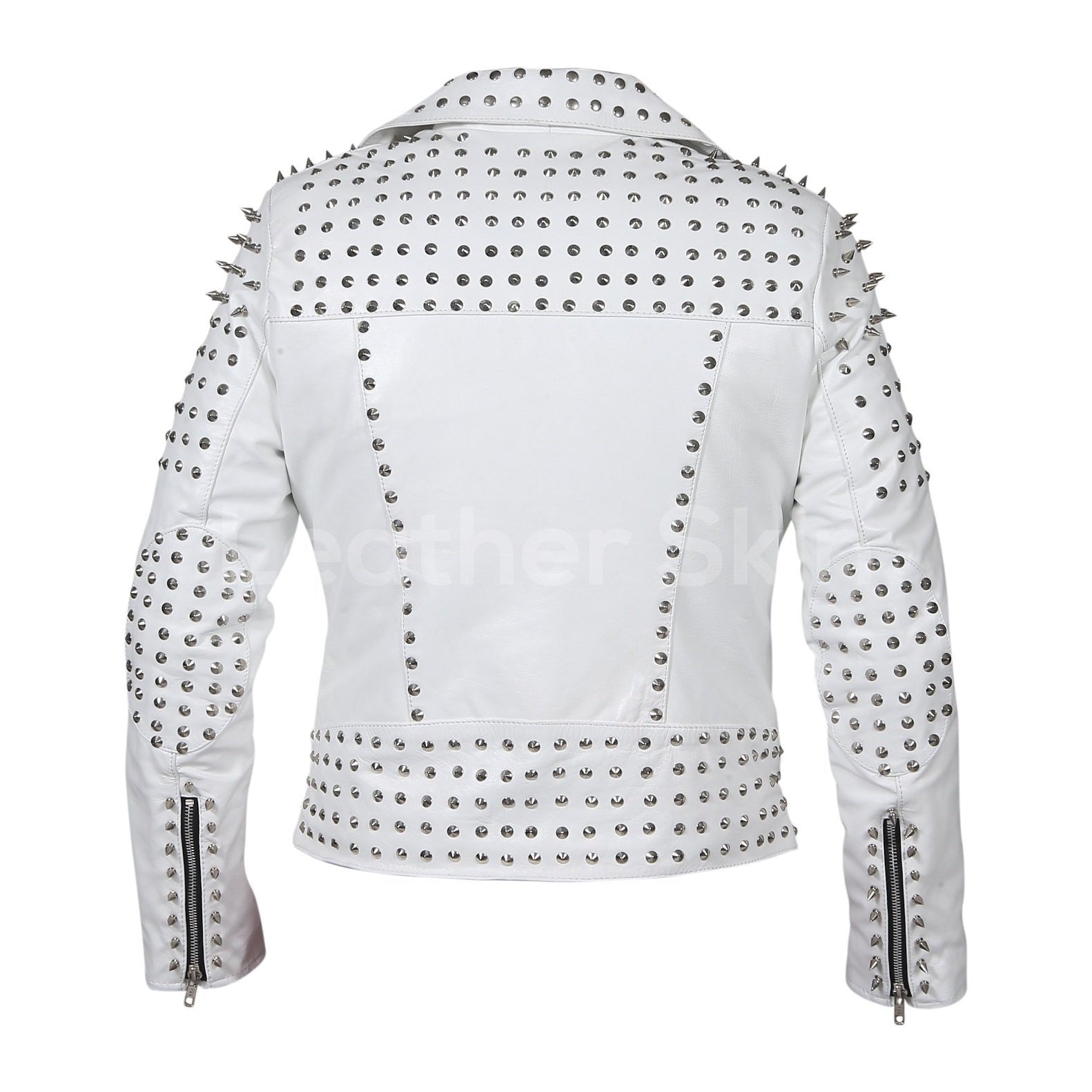 Delilah Women's White Leather Jacket Featuring Cone and Tree Spiked Studs