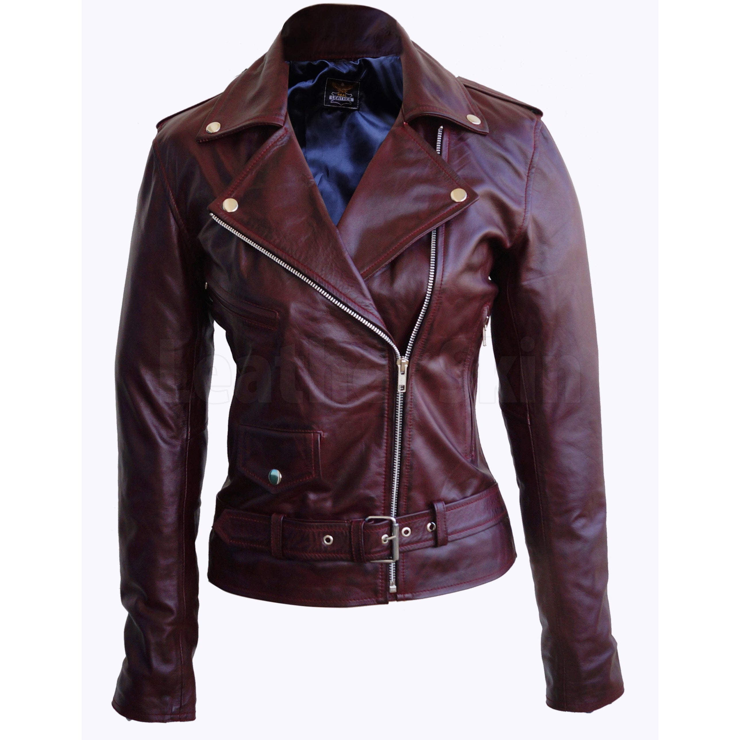 Rose Dark Red Real Leather Moto Jacket
