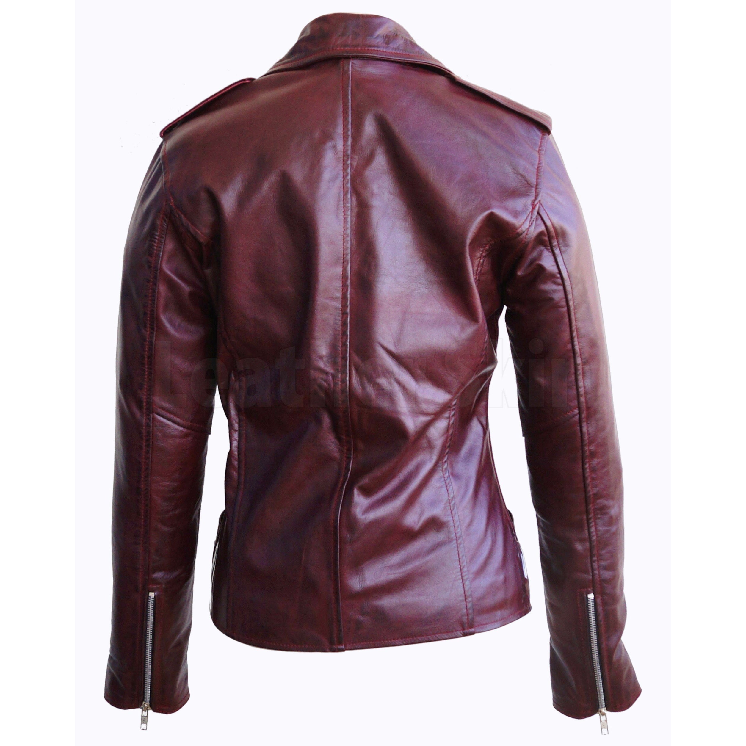 Rose Dark Red Real Leather Moto Jacket