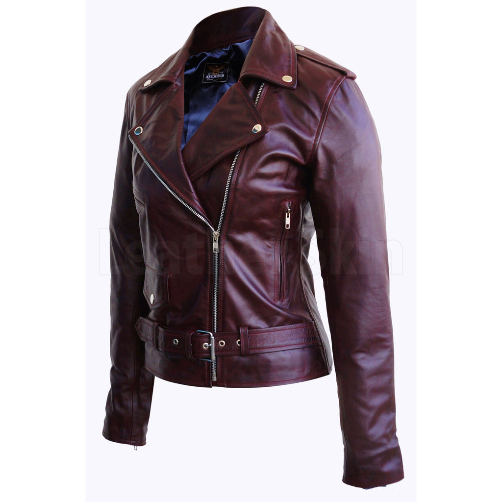 Rose Dark Red Real Leather Moto Jacket