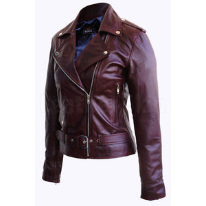 Rose Dark Red Real Leather Moto Jacket