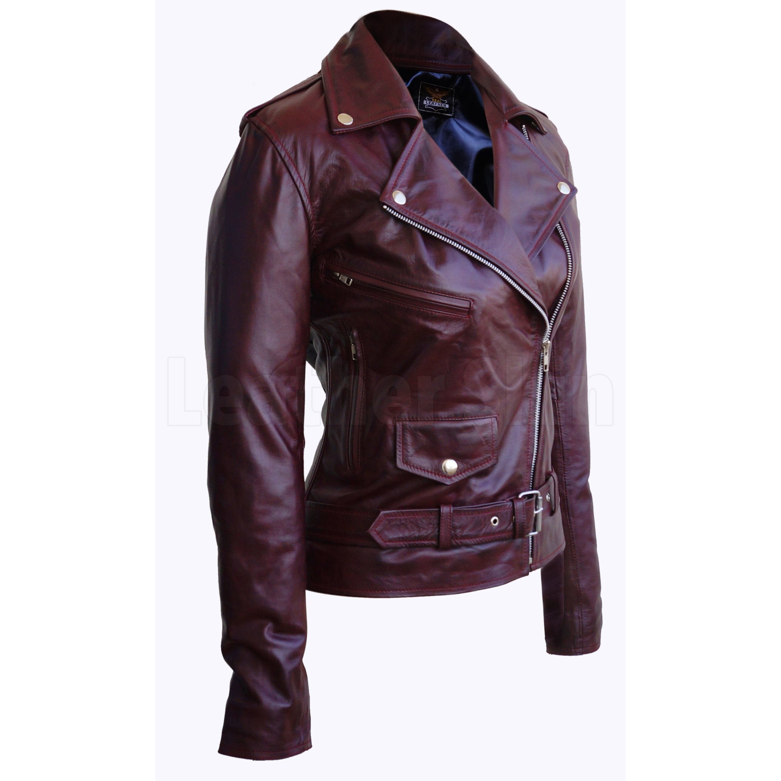 Rose Dark Red Real Leather Moto Jacket