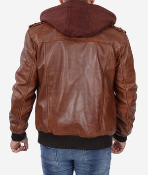 Edinburgh Men's Brown Leather Bomber Jacket With Removable Hood