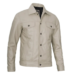 Stallion Men’s Beige Leather Trucker Jacket