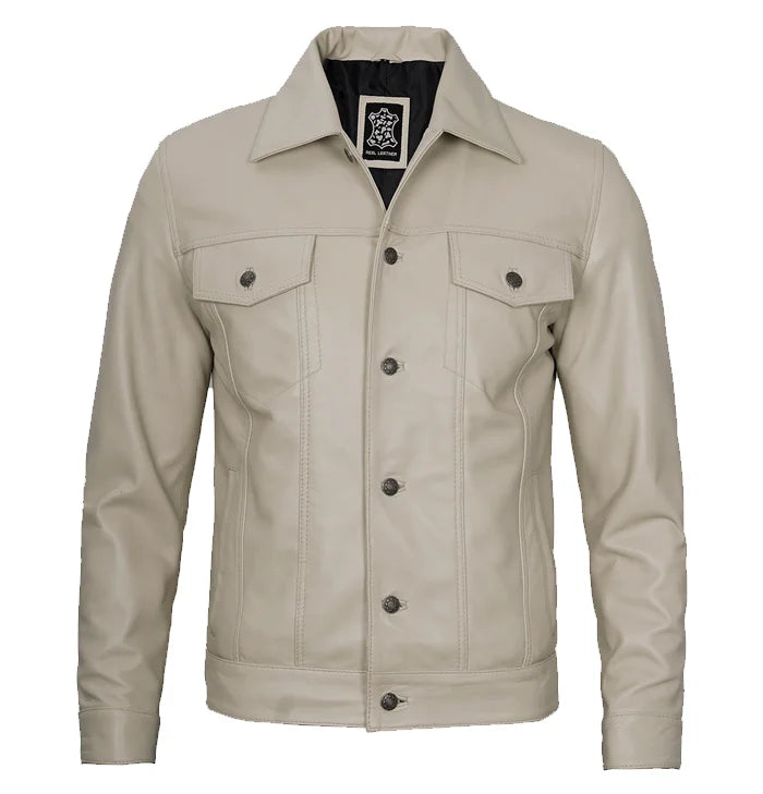 Stallion Men’s Beige Leather Trucker Jacket