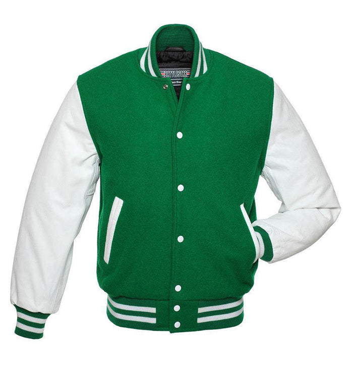 Bennett Mens Green and White Wool Varsity Jacket with Leather Sleeves