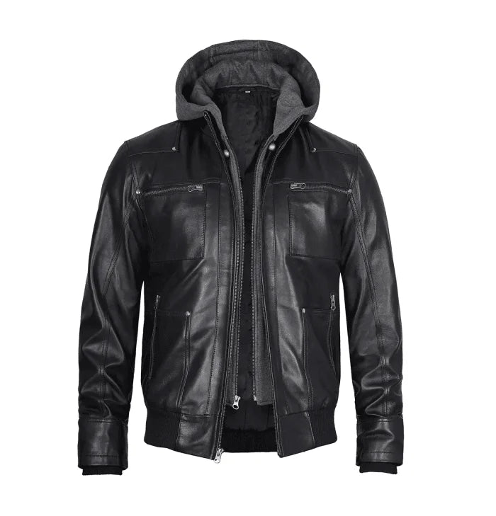 Nomad Men’s Black Leather Jacket with Hoodie